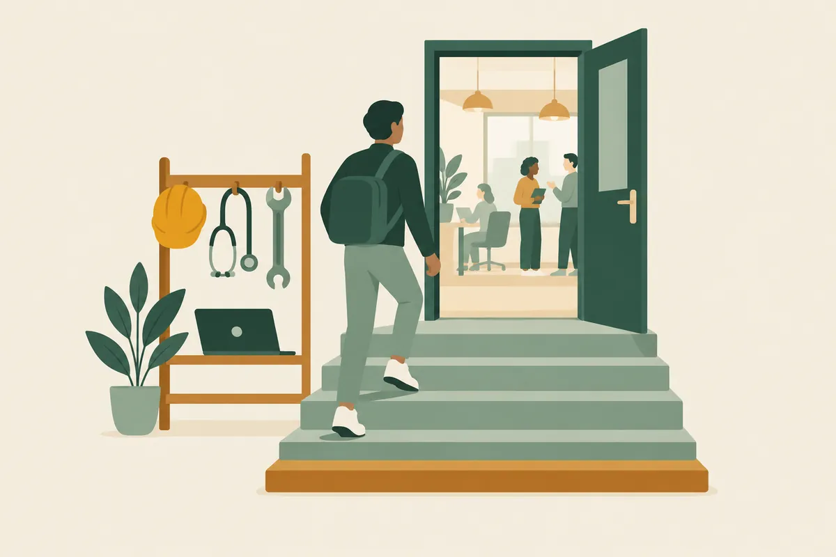 A worker with a backpack climbs the steps into an office, past a rack holding a hard hat, a stethoscope, a spanner and a laptop.