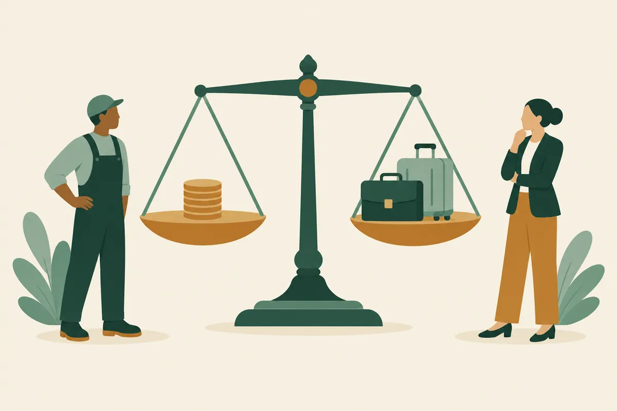 A calculator, a passport and two stacks of receipts, one marked worker and one marked employer, on a desk.