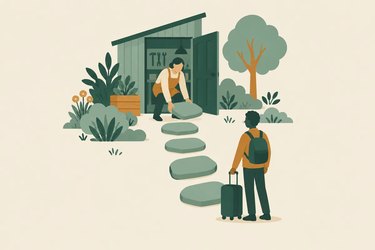 An employer and a new overseas worker at a workplace entrance, with a checklist of the six sponsorship steps.