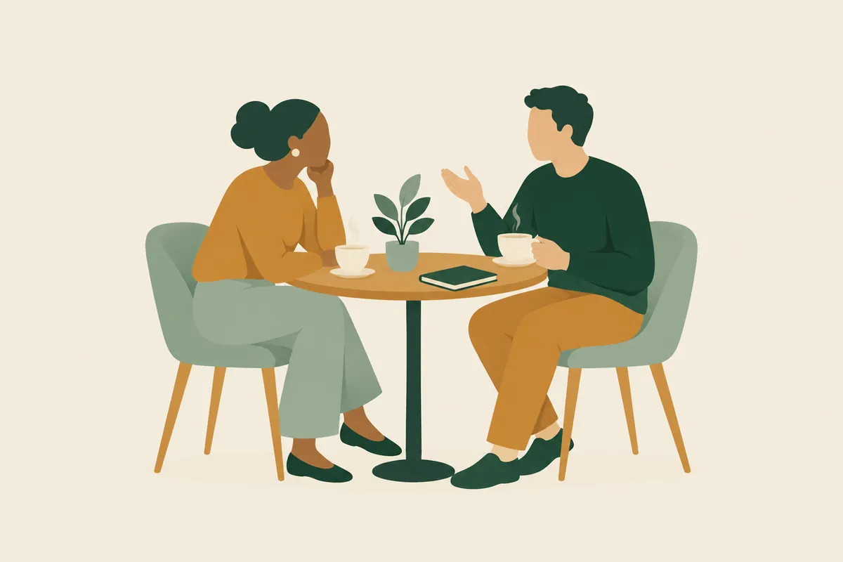 A worker and an employer sitting across a table from an adviser, with papers between them.