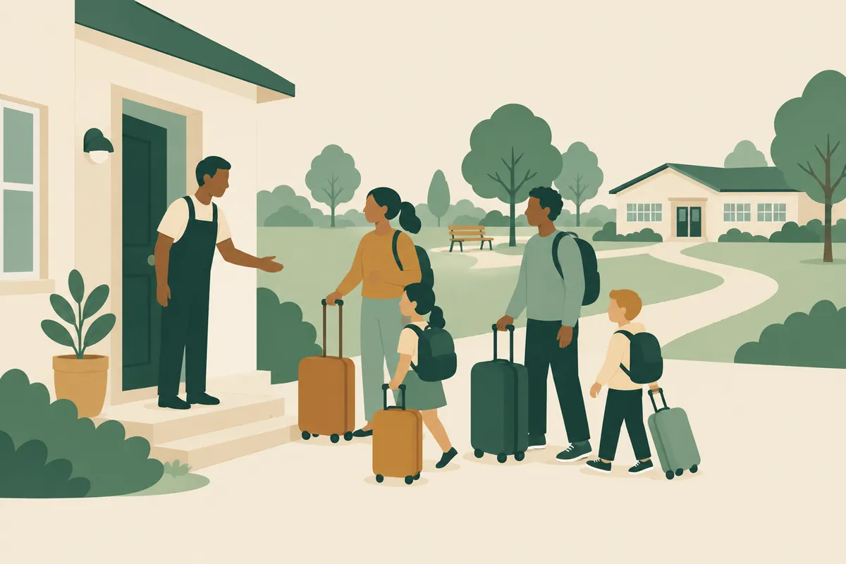 A parent, a partner and two school-age children standing beside a school gate with their travel bags
