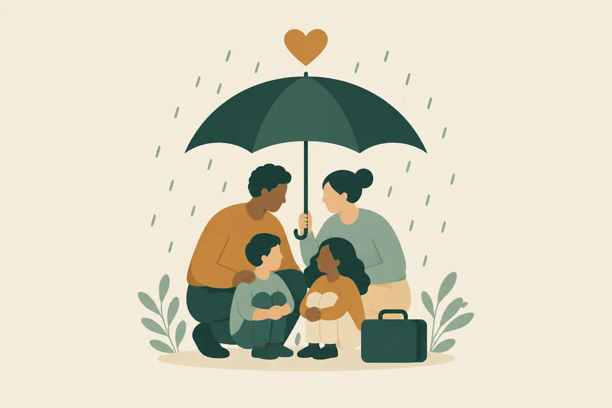 A family of four shelters from the rain under a large umbrella, with a small heart above it and a bag at their side.