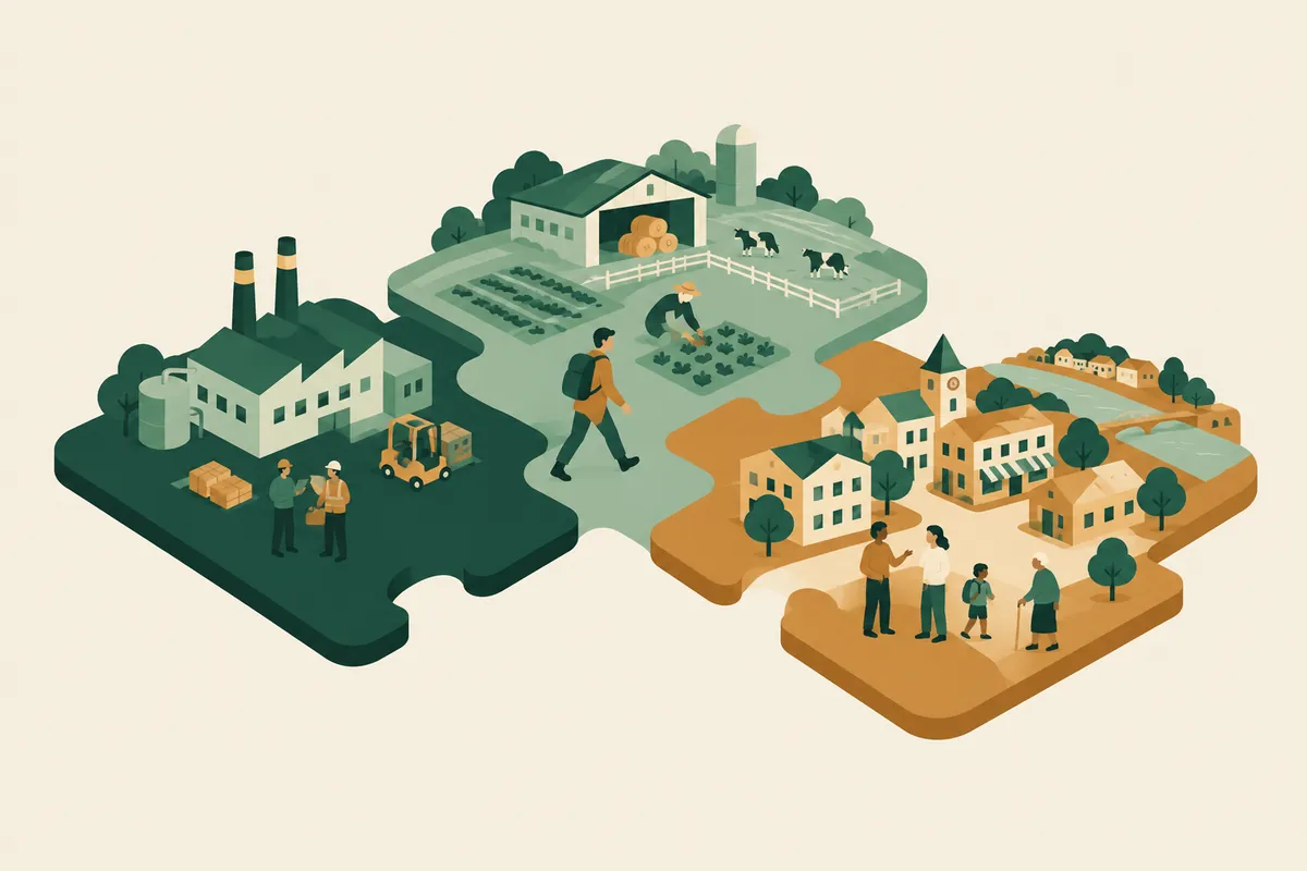 Jigsaw pieces of land fit together, each a different place: a factory, a dairy farm and a country town, with workers on each piece.