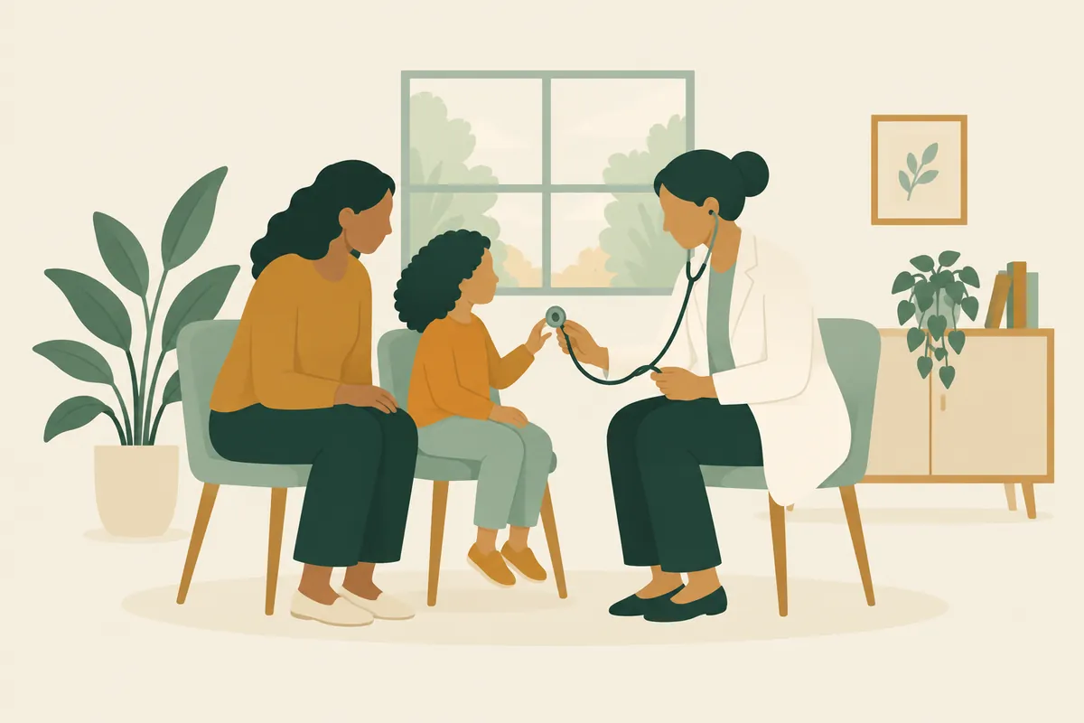 A doctor listens to a young child's chest with a stethoscope while the child's mother sits beside them.