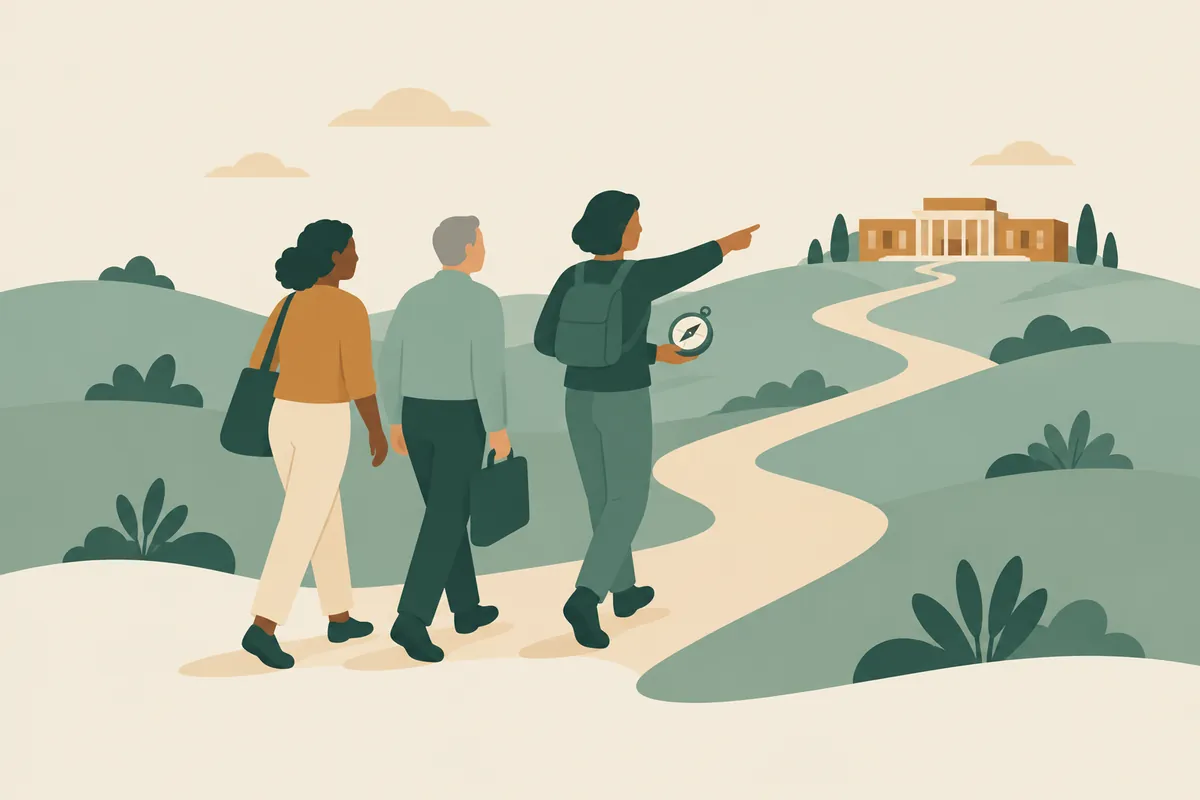 Three people on a winding path through green hills, one pointing the way to a large building in the distance