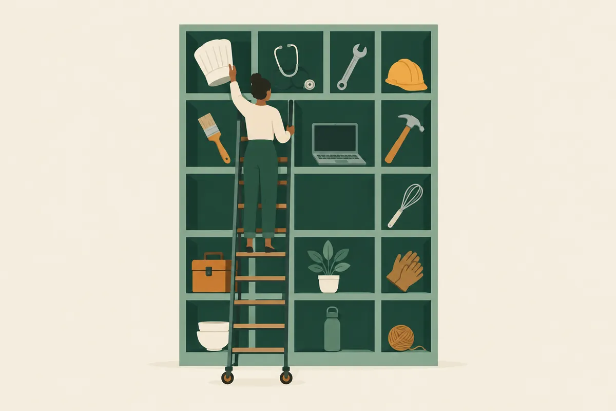 A person on a library ladder sorts a tall shelf of work items: a chef's hat, a stethoscope, a spanner, a hard hat, a laptop, a hammer and a whisk.