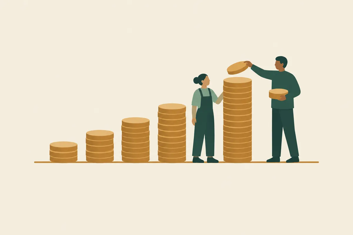 Two workers add coins to a row of stacks that grow taller from left to right.