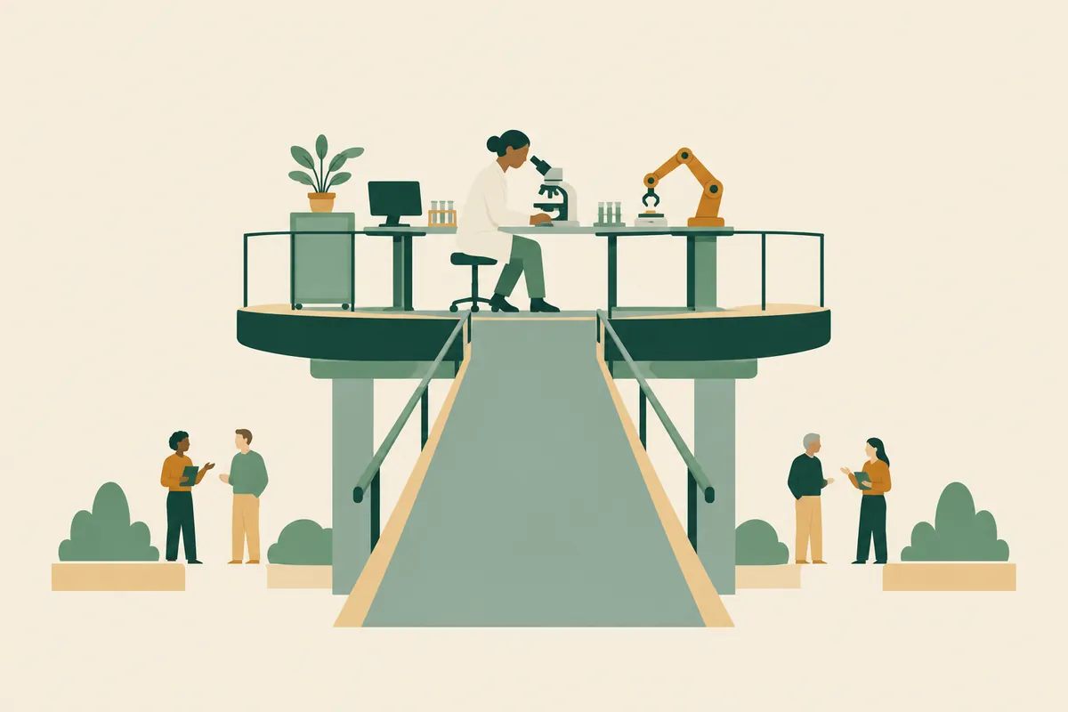 A scientist works at a microscope beside a robotic arm on a raised platform, reached by a long ramp from the ground where other people stand.