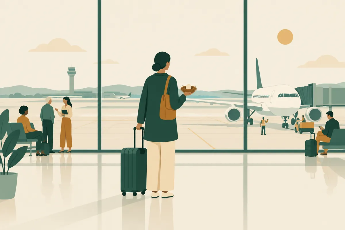 A traveller at an airport departure gate checking a superannuation statement on a phone, with a suitcase beside them.