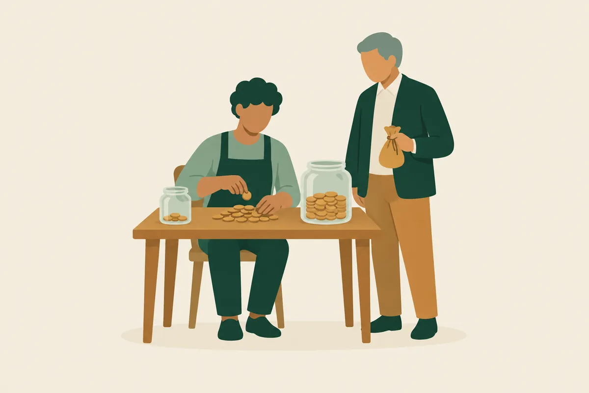 A worker counts coins at a table beside two savings jars while an older man stands nearby holding a money bag.